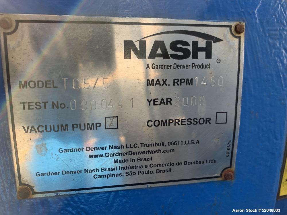 Used Nash Two Stage Liquid Ring Vacuum Pump, Model TC5/5. 316 Stainless Steel Material Construction. Approximately 300 to 450 CFM. Maximum 1450rpm. Driven by a 25hp, 3/60/460 volt, 1175rpm motor. App...