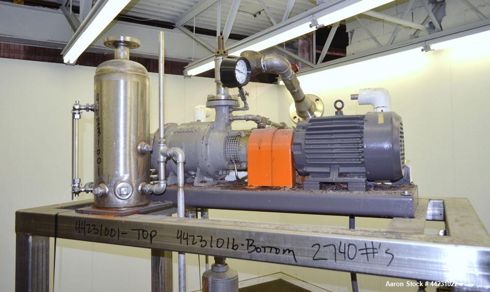 Used Nash Two Stage Liquid Ring Vacuum Pump, Model TCM1/5, Carbon Steel. Approximate 100 CFM. Driven by a 10hp, 3/60/460 volt, 1755 rpm motor. Includes a tank. Base mounted. Built 2002.