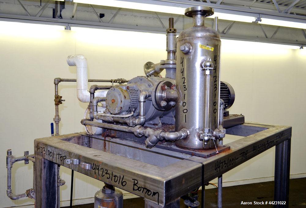 Used Nash Two Stage Liquid Ring Vacuum Pump, Model TCM1/5, Carbon Steel. Approximate 100 CFM. Driven by a 10hp, 3/60/460 volt, 1755 rpm motor. Includes a tank. Base mounted. Built 2002.