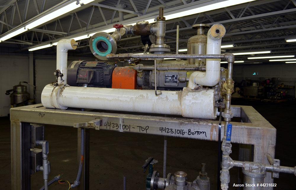 Used Nash Two Stage Liquid Ring Vacuum Pump, Model TCM1/5, Carbon Steel. Approximate 100 CFM. Driven by a 10hp, 3/60/460 volt, 1755 rpm motor. Includes a tank. Base mounted. Built 2002.