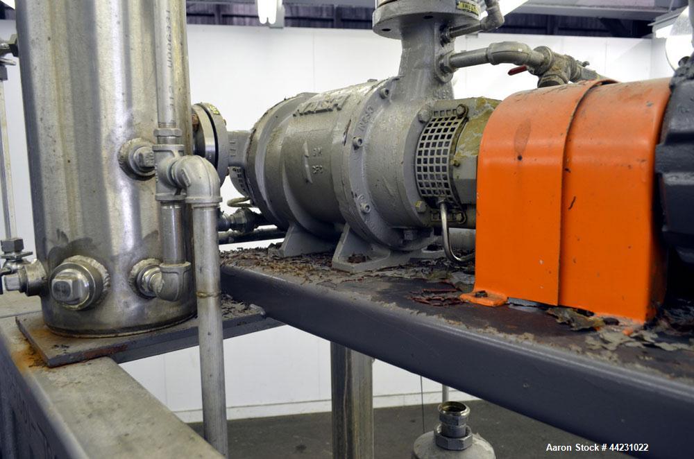 Used Nash Two Stage Liquid Ring Vacuum Pump, Model TCM1/5, Carbon Steel. Approximate 100 CFM. Driven by a 10hp, 3/60/460 volt, 1755 rpm motor. Includes a tank. Base mounted. Built 2002.