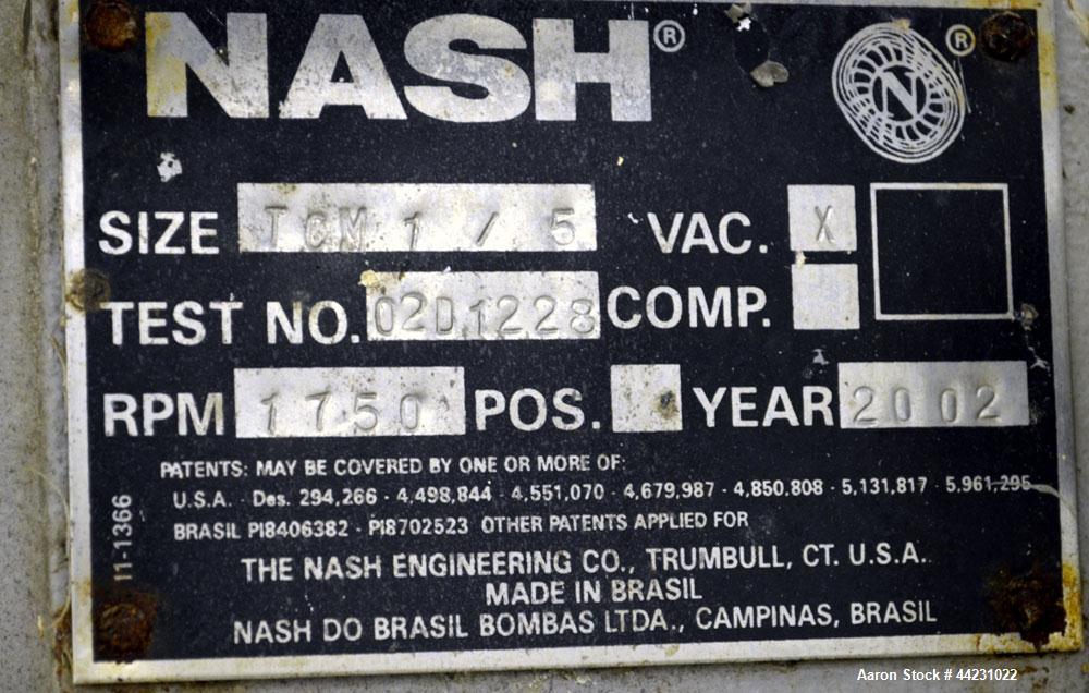 Used Nash Two Stage Liquid Ring Vacuum Pump, Model TCM1/5, Carbon Steel. Approximate 100 CFM. Driven by a 10hp, 3/60/460 volt, 1755 rpm motor. Includes a tank. Base mounted. Built 2002.