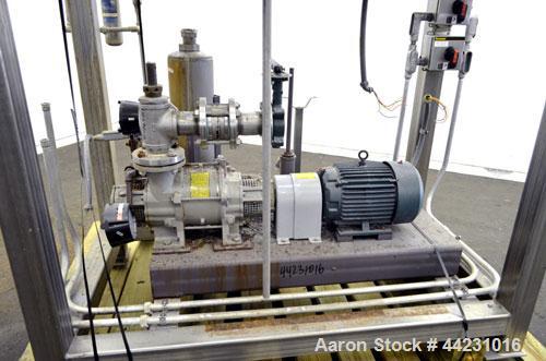 Used Nash Two Stage Liquid Ring Vacuum Pump, Model XL35/5, Carbon Steel. Approximate 100 CFM. Driven by a 10hp, 3/60/460 volt, 1755 rpm motor. Includes a tank. Base mounted.