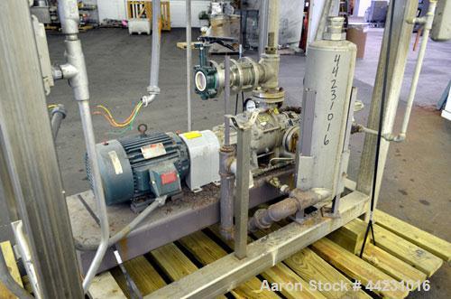 Used Nash Two Stage Liquid Ring Vacuum Pump, Model XL35/5, Carbon Steel. Approximate 100 CFM. Driven by a 10hp, 3/60/460 volt, 1755 rpm motor. Includes a tank. Base mounted.