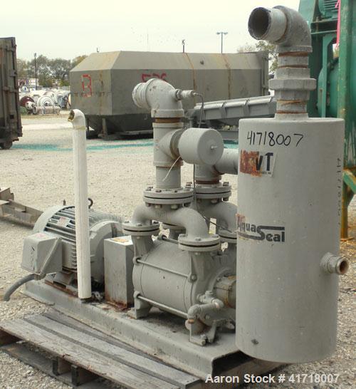Used Dekker Vacuum Technologies AquaSeal Water-Sealed Liquid Ring Vacuum Pump System, model DVW0553KMN1-01, carbon steel. Single stage liquid ring pump, model DV0550B-KA2, rated 550 cfm at 29’’ Hg at...