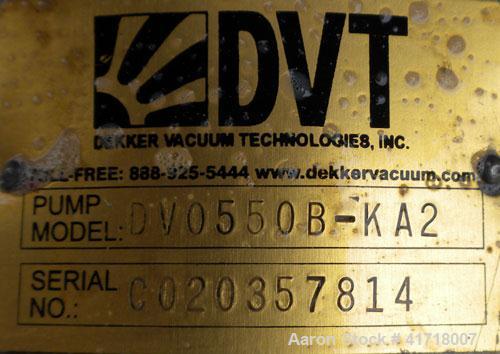 Used Dekker Vacuum Technologies AquaSeal Water-Sealed Liquid Ring Vacuum Pump System, model DVW0553KMN1-01, carbon steel. Single stage liquid ring pump, model DV0550B-KA2, rated 550 cfm at 29’’ Hg at...