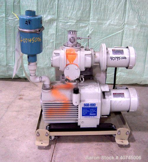 Used Shinko Seiki Oil Sealed Rotary Vacuum Pump, Model SGD-600, carbon steel. Approximate 24 cfm. Driven by a 1.5KW (2 hp), 4 pole, 200/220 volt, 1710/1720 rpm motor. Includes a Roots blower/booster,...