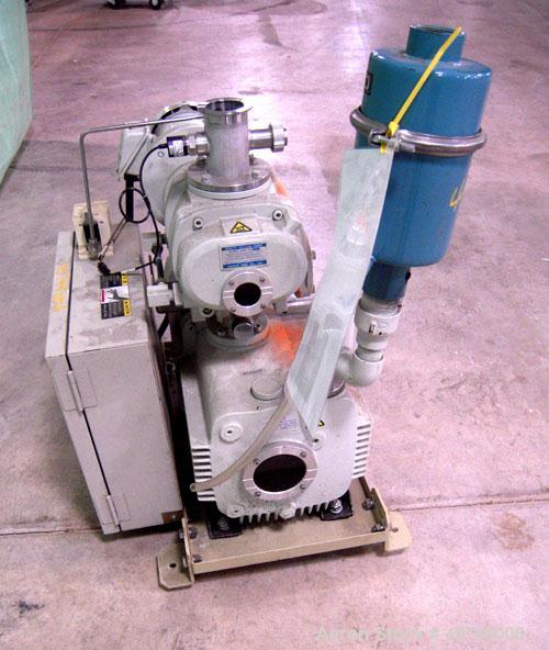 Used Shinko Seiki Oil Sealed Rotary Vacuum Pump, Model SGD-600, carbon steel. Approximate 24 cfm. Driven by a 1.5KW (2 hp), 4 pole, 200/220 volt, 1710/1720 rpm motor. Includes a Roots blower/booster,...