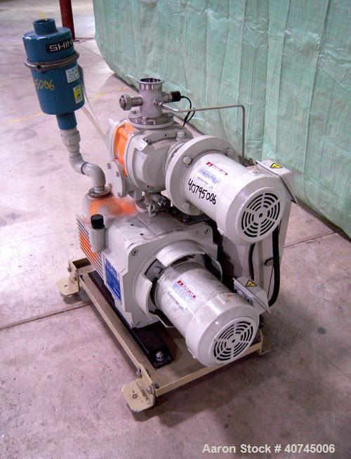 Used Shinko Seiki Oil Sealed Rotary Vacuum Pump, Model SGD-600, carbon steel. Approximate 24 cfm. Driven by a 1.5KW (2 hp), 4 pole, 200/220 volt, 1710/1720 rpm motor. Includes a Roots blower/booster,...