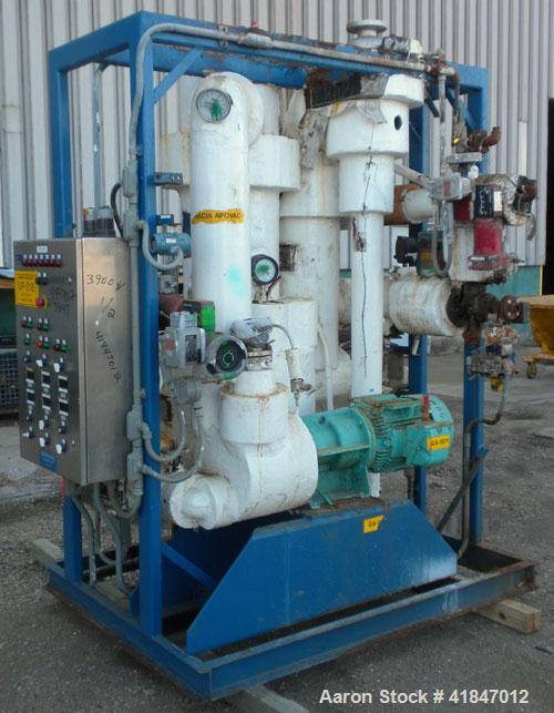 Used Apovac Vacuum System consisting of: (1) Vacuum pump, driven by a 30 hp motor. (1) Industrial Piping heat exchanger, (1) Industrial Piping pressure tank, and a control panel. Mounted on a carbon ...