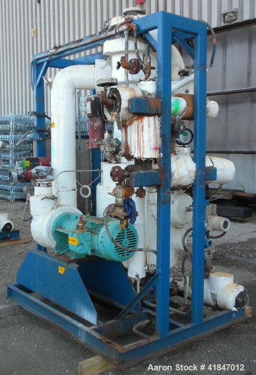 Used Apovac Vacuum System consisting of: (1) Vacuum pump, driven by a 30 hp motor. (1) Industrial Piping heat exchanger, (1) Industrial Piping pressure tank, and a control panel. Mounted on a carbon ...