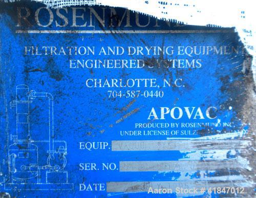 Used Apovac Vacuum System consisting of: (1) Vacuum pump, driven by a 30 hp motor. (1) Industrial Piping heat exchanger, (1) Industrial Piping pressure tank, and a control panel. Mounted on a carbon ...