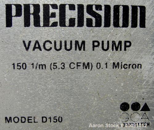 Used Precision Scientific vacuum pump, model D150. 2 stage rotary vane. Approx 5.3 cfm. Driven by a 3/4 hp, 1/60/115/230 volt, 1725 rpm motor.
