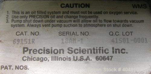 Used Precision Scientific vacuum pump, model D150. 2 stage rotary vane. Approx 5.3 cfm. Driven by a 3/4 hp, 1/60/115/230 volt, 1725 rpm motor.
