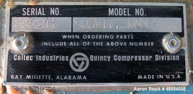 Used- Quincy Vacuum Pump, Model QSVB7.5WNN3C.