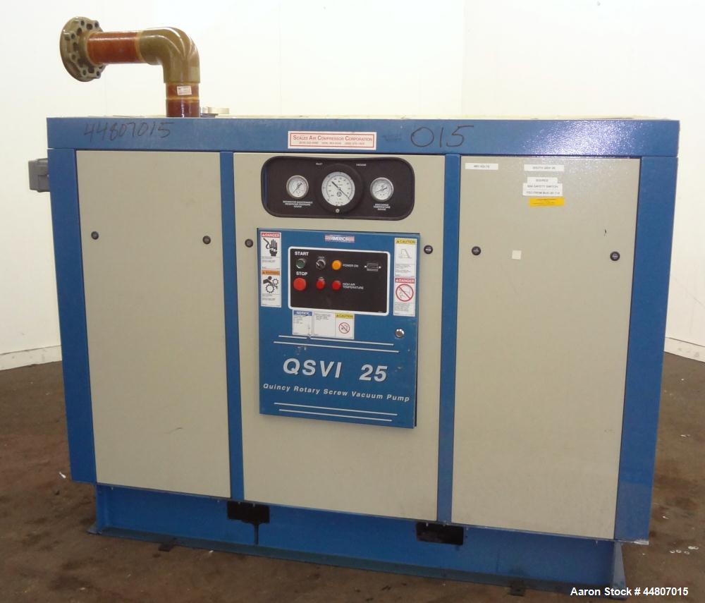 Used Quincy Compressor QSVI Series Rotary Screw Vacuum Pump, Model QSVI25ACN3A. Air cooled, nominal capacity 365 ACFM, base vacuum level 29.9 HgV, inlet connection 4". Driven by a 25hp, 3/60/230/460 ...