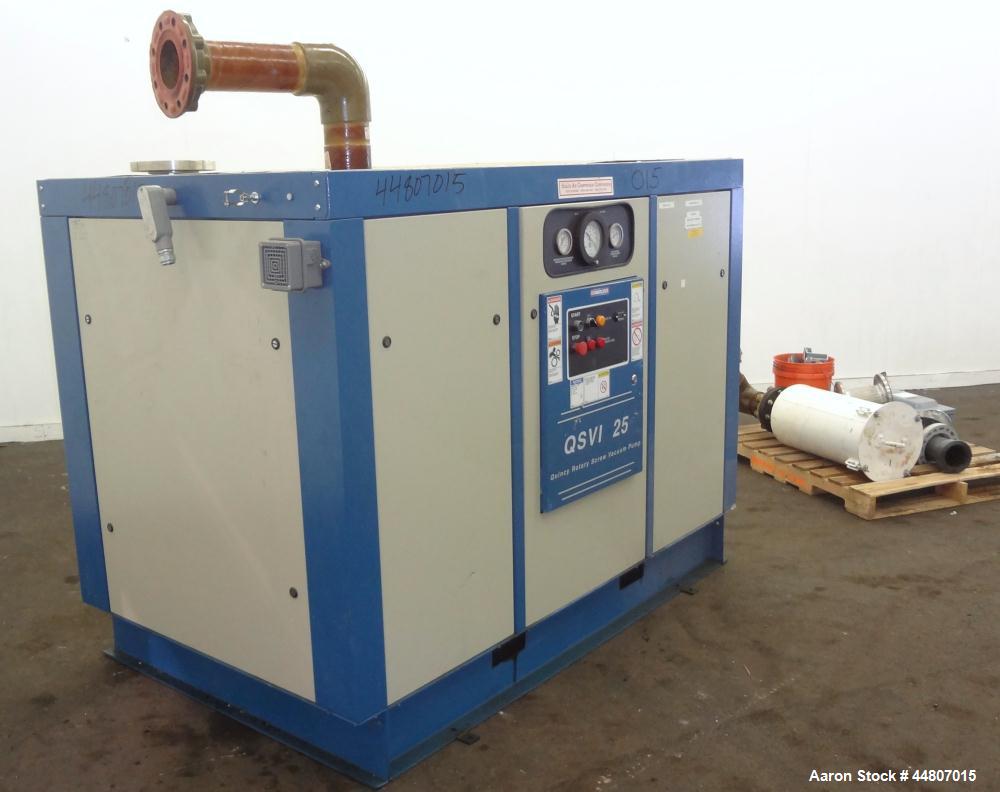 Used Quincy Compressor QSVI Series Rotary Screw Vacuum Pump, Model QSVI25ACN3A. Air cooled, nominal capacity 365 ACFM, base vacuum level 29.9 HgV, inlet connection 4". Driven by a 25hp, 3/60/230/460 ...