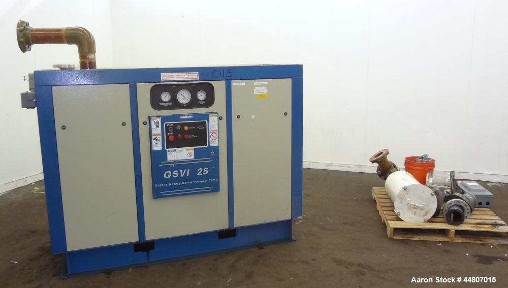 Used Quincy Compressor QSVI Series Rotary Screw Vacuum Pump, Model QSVI25ACN3A. Air cooled, nominal capacity 365 ACFM, base vacuum level 29.9 HgV, inlet connection 4". Driven by a 25hp, 3/60/230/460 ...