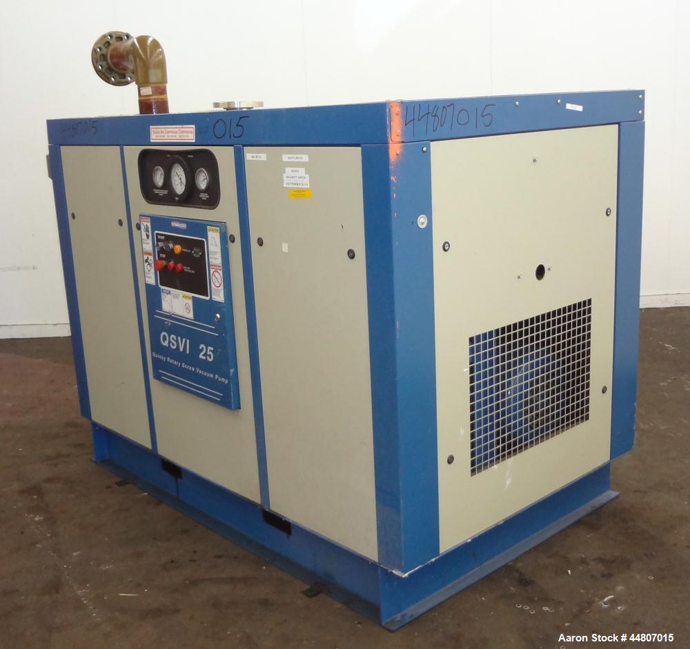 Used Quincy Compressor QSVI Series Rotary Screw Vacuum Pump, Model QSVI25ACN3A. Air cooled, nominal capacity 365 ACFM, base vacuum level 29.9 HgV, inlet connection 4". Driven by a 25hp, 3/60/230/460 ...