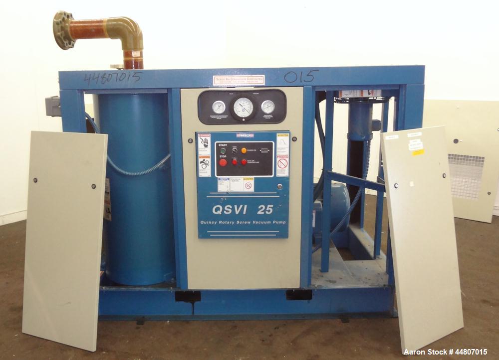Used Quincy Compressor QSVI Series Rotary Screw Vacuum Pump, Model QSVI25ACN3A. Air cooled, nominal capacity 365 ACFM, base vacuum level 29.9 HgV, inlet connection 4". Driven by a 25hp, 3/60/230/460 ...
