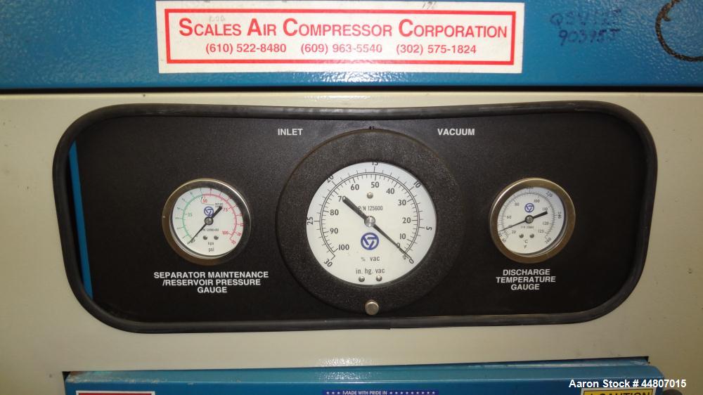 Used Quincy Compressor QSVI Series Rotary Screw Vacuum Pump, Model QSVI25ACN3A. Air cooled, nominal capacity 365 ACFM, base vacuum level 29.9 HgV, inlet connection 4". Driven by a 25hp, 3/60/230/460 ...