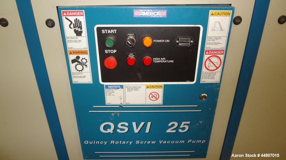 Used Quincy Compressor QSVI Series Rotary Screw Vacuum Pump, Model QSVI25ACN3A. Air cooled, nominal capacity 365 ACFM, base vacuum level 29.9 HgV, inlet connection 4". Driven by a 25hp, 3/60/230/460 ...