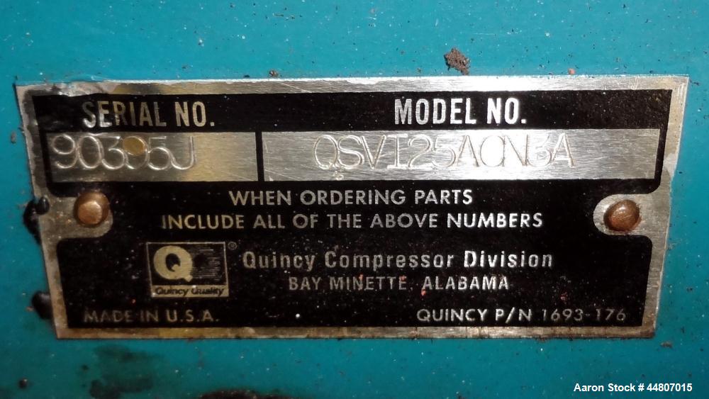 Used Quincy Compressor QSVI Series Rotary Screw Vacuum Pump, Model QSVI25ACN3A. Air cooled, nominal capacity 365 ACFM, base vacuum level 29.9 HgV, inlet connection 4". Driven by a 25hp, 3/60/230/460 ...