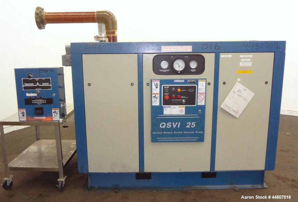 Used Quincy Compressor QSVI Series Rotary Screw Vacuum Pump, Model QSVI25ACN3A. Air cooled, nominal capacity 365 ACFM, base vacuum level 29.9 HgV, inlet connection 4". Driven by a 25hp, 3/60/230/460 ...
