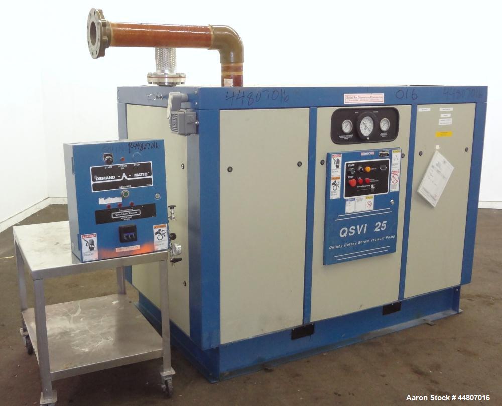 Used Quincy Compressor QSVI Series Rotary Screw Vacuum Pump, Model QSVI25ACN3A. Air cooled, nominal capacity 365 ACFM, base vacuum level 29.9 HgV, inlet connection 4". Driven by a 25hp, 3/60/230/460 ...
