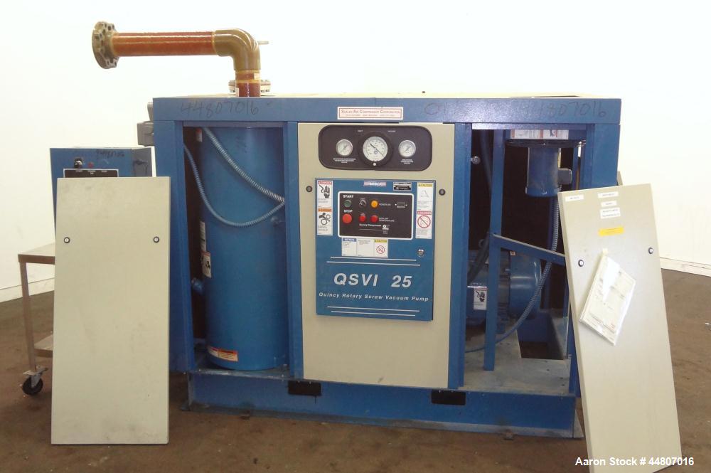 Used Quincy Compressor QSVI Series Rotary Screw Vacuum Pump, Model QSVI25ACN3A. Air cooled, nominal capacity 365 ACFM, base vacuum level 29.9 HgV, inlet connection 4". Driven by a 25hp, 3/60/230/460 ...