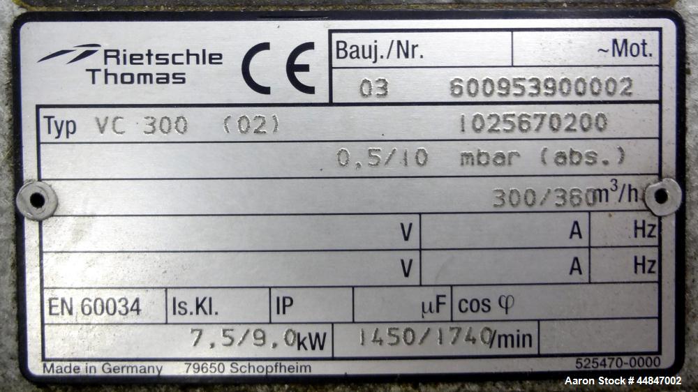Used Rietschle VacFox Series Rotary Vane Vacuum Pump, Type VC300, Carbon Steel.  Rated 360 cubic meters an hour (211 cfm) at 0.5/10 mbar (7.2/145 psi).  Driven by a 10 hp, 3/60/208-230/460 volt, 1760...