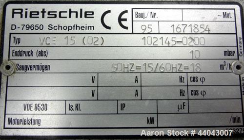 Used Carbon Steel Rietschle Oil Flooded Rotary Vane Vacuum Pump, Type VCE 15 (02) 102145-0200
