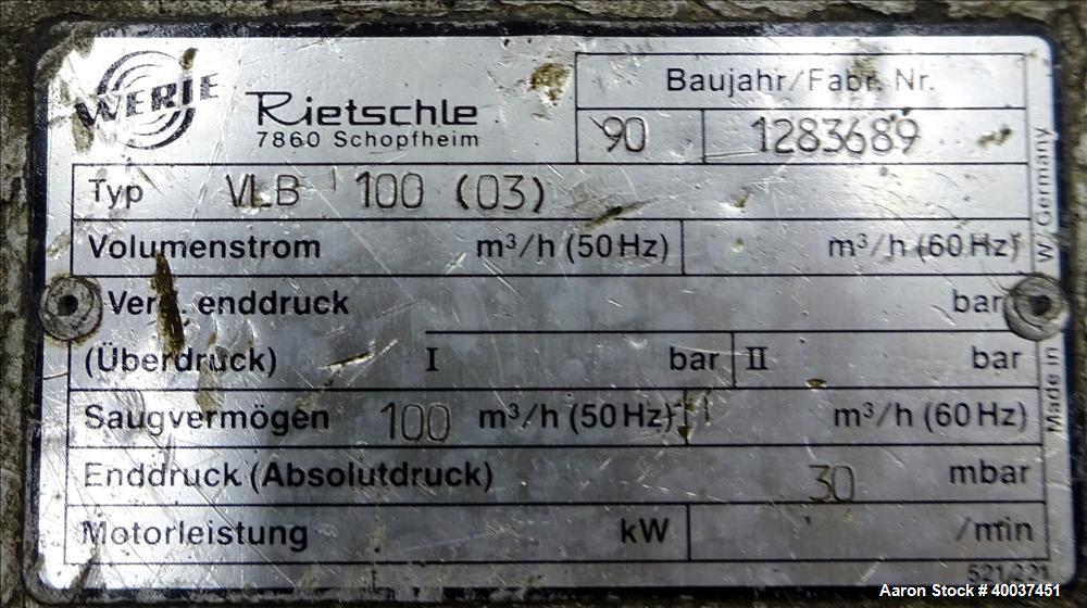 Used- Rietschle Oil Seal Mechanical Vacuum Pump, Type VLB-100-(03)