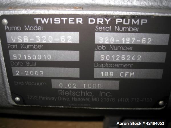 Used Rietschle liquid ring vacuum pump, model VSB-320-62, carbon steel construction, 188 CFM at 0.02 torr, with 10 hp, 460V motor, XP, direct driven, part # 57150010, job # SO126242, serial # 320-197...