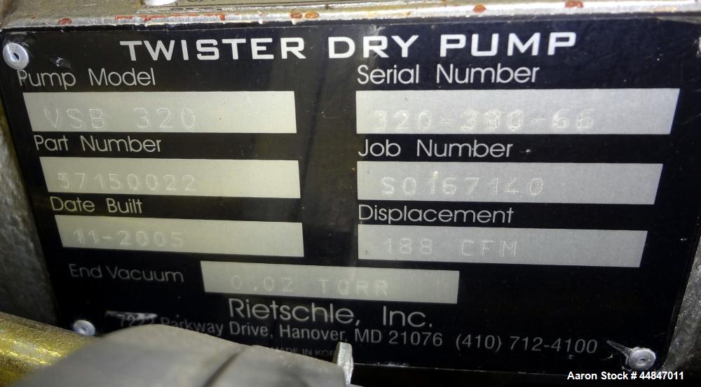 Used Rietschle Twister Series Dry Screw Vacuum Pump, Type VSB320, Carbon Steel.  Rated 188 cfm, end vacuum 0.02 Torr.  Driven by a 10 hp, 3/60/208-230/460 volt, 3430 rpm motor.  Includes a knock out ...