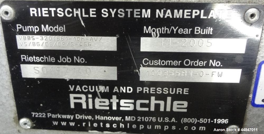 Used Rietschle Twister Series Dry Screw Vacuum Pump, Type VSB320, Carbon Steel.  Rated 188 cfm, end vacuum 0.02 Torr.  Driven by a 10 hp, 3/60/208-230/460 volt, 3430 rpm motor.  Includes a knock out ...