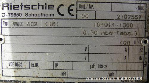 Used Rietschle Oil Seal Vacuum Pump, Type VWZ402-15M. Approximately 235 cfm at 375 TORR. Driven by a 20 hp, 3/60/230/460 volt, 1760 rpm XP motor. Includes control panel and tanks. Base mounted.