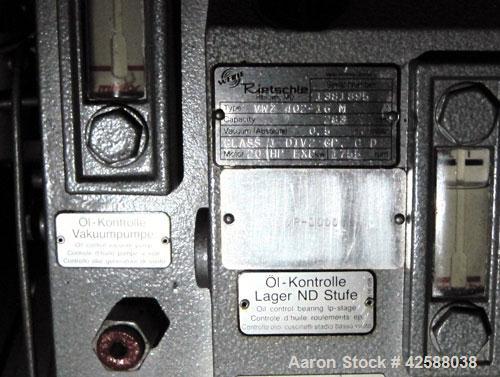 Used Rietschle Oil Seal Vacuum Pump, type VWZ402-16M, carbon steel. Approximately 283 cfm at 0.375 torr- 0.5 mbar- 29.906’’ HG. Driven by a 20 hp, 1755 rpm motor.
