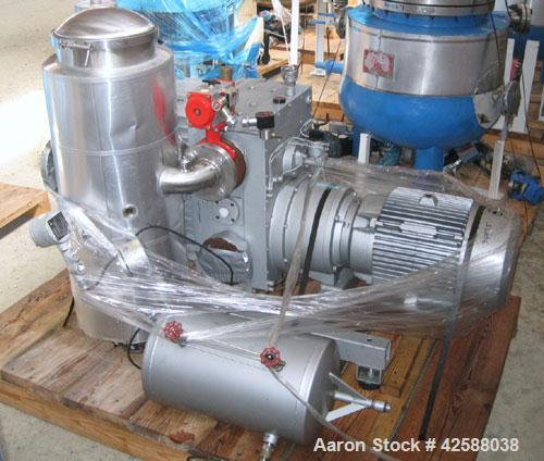 Used Rietschle Oil Seal Vacuum Pump, type VWZ402-16M, carbon steel. Approximately 283 cfm at 0.375 torr- 0.5 mbar- 29.906’’ HG. Driven by a 20 hp, 1755 rpm motor.