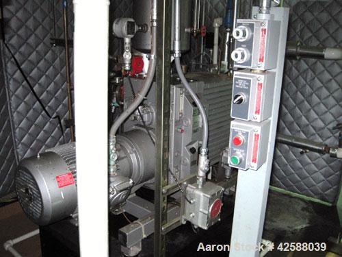 Used Rietschle Oil Seal Vacuum Pump, type VWZ402-16M, carbon steel. Approximately 283 cfm at 0.375 torr- 0.5 mbar- 29.906’’ HG. Driven by a 20 hp, 1755 rpm motor.