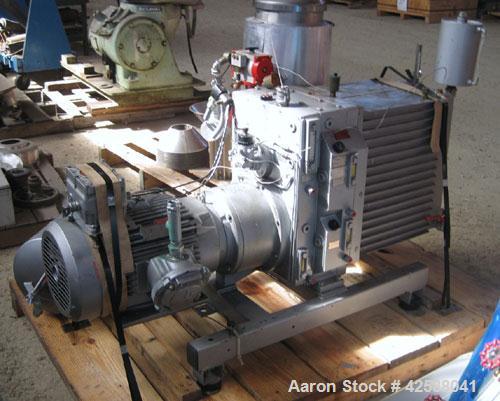 Used Rietschle Oil Seal Vacuum Pump, type VWZ402-16M, carbon steel. Approximately 283 cfm at 0.375 torr- 0.5 mbar- 29.906’’ HG. Driven by a 20 hp, 1755 rpm motor.