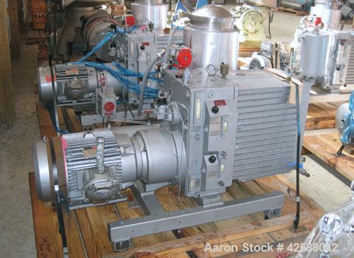 Used Rietschle Oil Seal Vacuum Pump, type VWZ402-16M, carbon steel. Approximately 283 cfm at 0.375 torr- 0.5 mbar- 29.906’’ HG. Driven by a 20 hp, 1755 rpm motor.