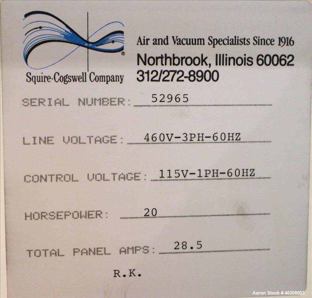 Used Squire Cogswell Vacuum Pump System consisting of (1) Squire Cogswell liquid ring vacuum pump, model LEX 320, carbon steel. Approximately 210 cfm, serial #0105089/1, 2-1/2" inlet/outlet, driven b...