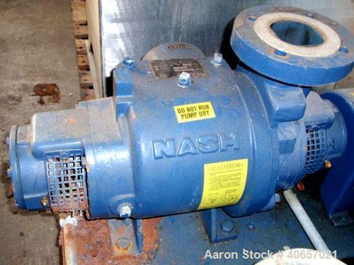 Used Nash Liquid Ring Compressor, Model SC2/7, carbon steel. Rated up to 200 cfm and 28" of vacuum. 3" inlet, 2" outlet. Driven by a 15 hp, 3/60/230/460 volt motor. Base mounted.
