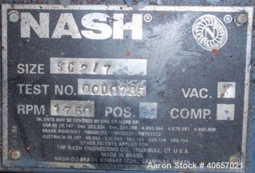 Used Nash Liquid Ring Compressor, Model SC2/7, carbon steel. Rated up to 200 cfm and 28" of vacuum. 3" inlet, 2" outlet. Driven by a 15 hp, 3/60/230/460 volt motor. Base mounted.
