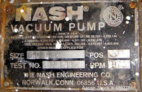 Used- Nash Compressor, Model SC5, test #92U1218, driven by a 30 hp, 3/60/230/460 volt, 1175 rpm motor.