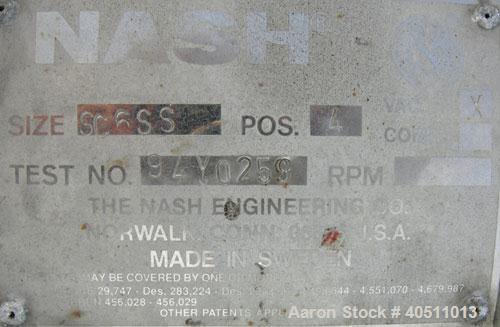 Used Nash Single Stage Liquid Ring Vacuum Pump, size SC6SS, stainless steel. 11 1/4" O.D. flanged inlet with a 5 3/4" x 5 3/4" inlet, 4" outlet. Driven by a 40 hp, 3/60/460 volt, 1780 rpm motor. Incl...