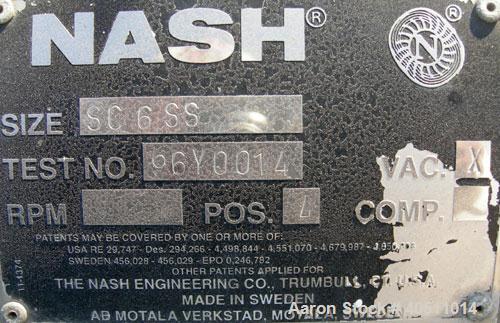 Used Nash Single Stage Liquid Ring Vacuum Pump, size SC6SS, stainless steel. 11 1/4" O.D. flanged inlet with a 5 3/4" x 5 3/4" inlet, 4" outlet. Driven by a 40 hp, 3/60/460 volt, 1780 rpm motor. Incl...