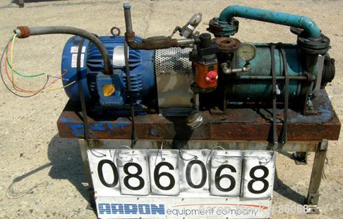 USED: Sihi liquid ring vacuum pump, model LPH45317, carbon steel. 1-1/2" inlet/outlet with manifold. Approx cfm 105 at 4" to 12" hg. Driven by a 10 hp, 3/60/230/460 volt, 1760 rpm motor. Frame mounte...