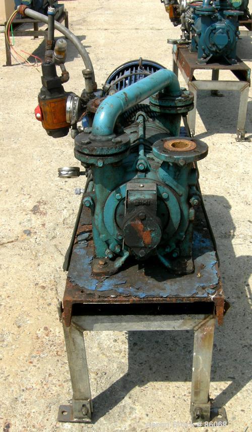 USED: Sihi liquid ring vacuum pump, model LPH45317, carbon steel. 1-1/2" inlet/outlet with manifold. Approx cfm 105 at 4" to 12" hg. Driven by a 10 hp, 3/60/230/460 volt, 1760 rpm motor. Frame mounte...